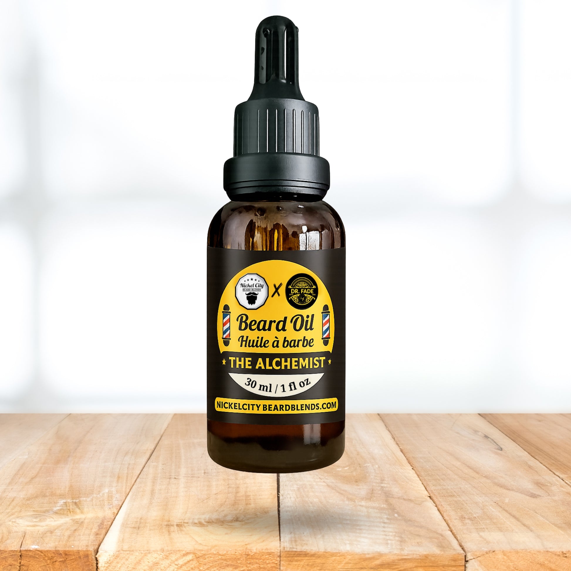 Bottle of beard oil with a label on a wooden surface