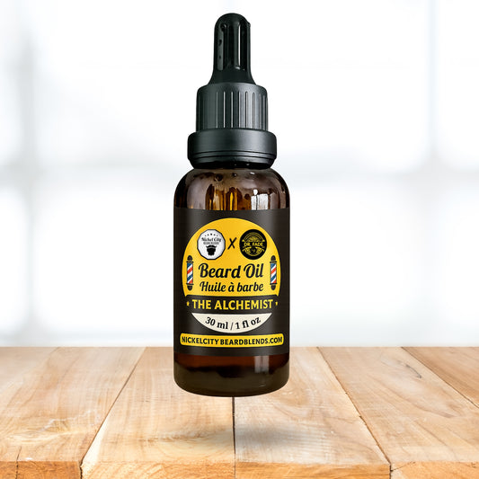 Bottle of beard oil with a label on a wooden surface