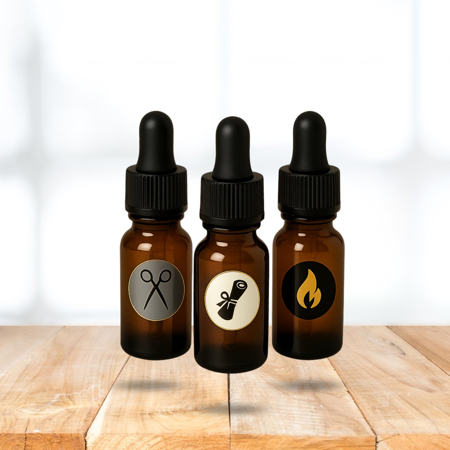 Three amber glass dropper bottles with black lids on a wooden surface.