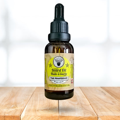 A 30 ml amber glass dropper bottle of 'The Professor' Beard Oil by Incredibly Hair & Beard, sitting on a light wooden surface against a bright, softly blurred background.