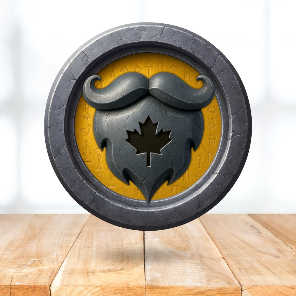 Decorative wall art with a mustache and maple leaf design on a yellow background, mounted on a wooden surface.