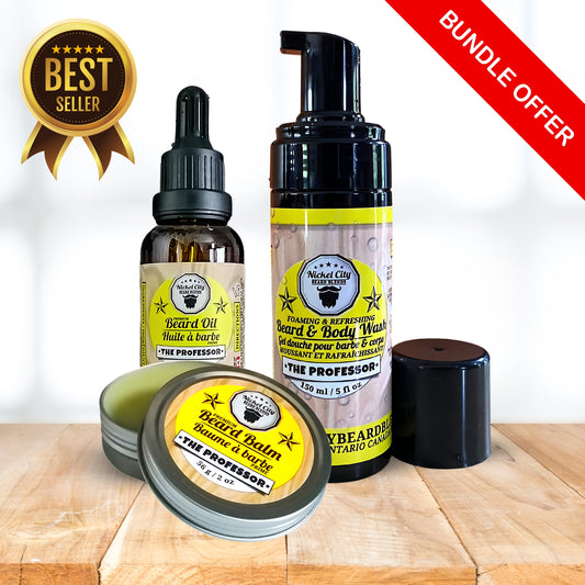 Beard Boss Trinity Bundle – The Professor scent: beard oil, balm and body wash displayed on wooden surface with gold Best Seller badge and red 'Bundle Offer' ribbon.