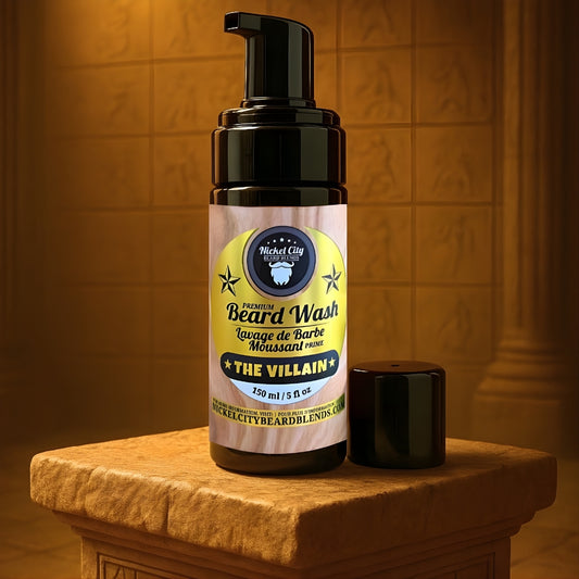 Beard wash bottle labeled 'The Villain' on a wooden surface with a warm-toned background