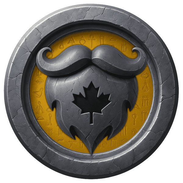 Decorative emblem with a mustache and leaf design on a yellow background, framed by a metallic border.