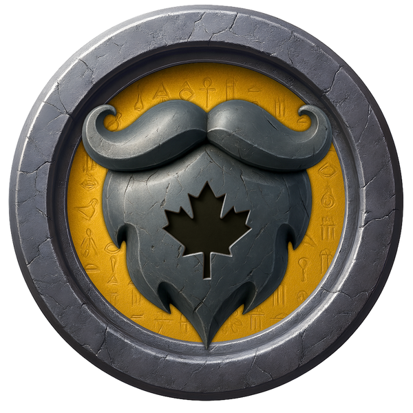 Circular emblem with a mustache design on a yellow background, surrounded by a gray border.