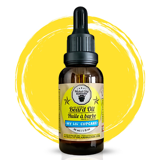 Bottle of beard oil with a yellow circular background - Beard Oil - My Lil Cupcake