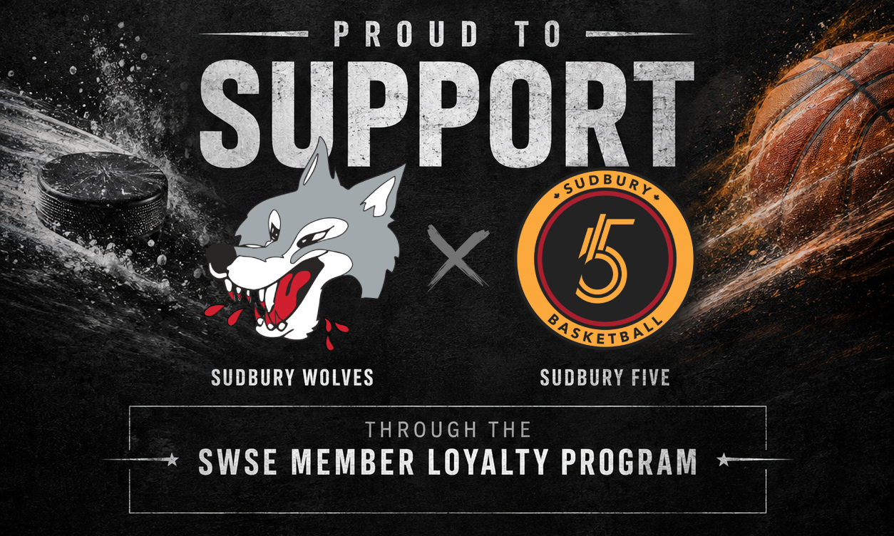 Promotional graphic for a Sudbury Wolves and Sudbury Five Basketball collaboration, featuring a wolf mascot logo and a basketball with a fire effect on a dark textured background. Text reads 'PROUD TO SUPPORT' and 'THROUGH THE SWSE MEMBER LOYALTY PROGRAM'.