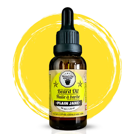 Bottle of beard oil with a yellow circular background - Beard Oil - Plain Jane