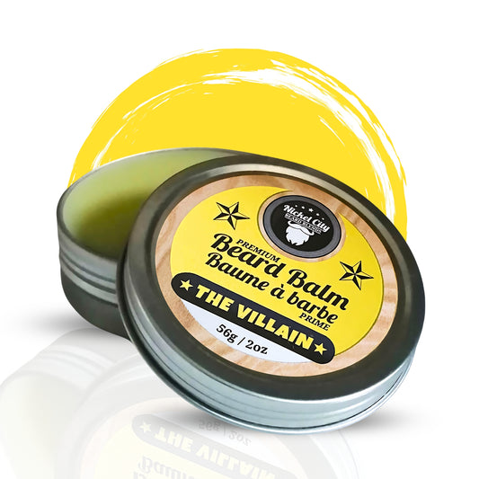 Beard Balm - The Villain container with yellow lid and black label on a white background