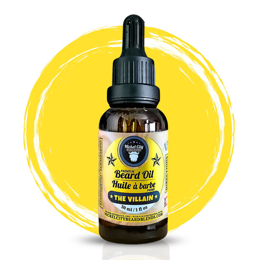 The Villain - Bottle of beard oil with a yellow circular background