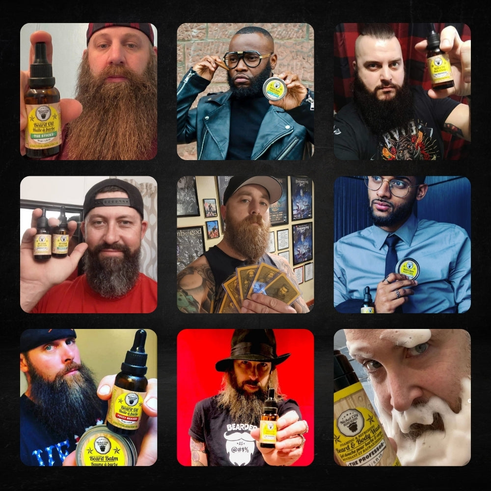 Collage of men with beards holding a product, with a dark background.