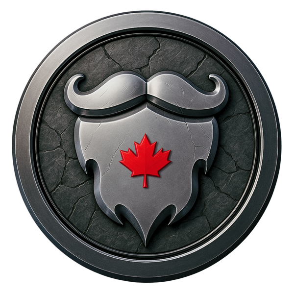 Circular emblem with a silver mustache and beard design featuring a red maple leaf on a dark gray background.