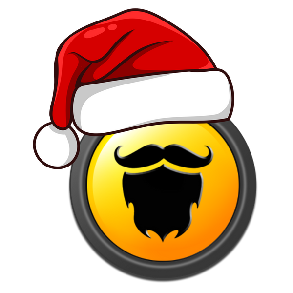 Icon with a red Santa hat, yellow circle, and black mustache on a white background