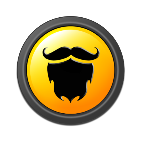 Round badge with a black mustache and beard design on a yellow and orange gradient background.