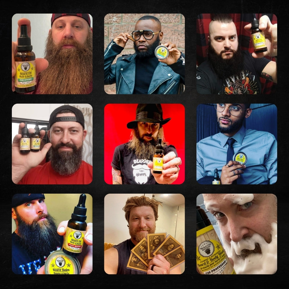 Collage of men holding a product with a visible brand logo.