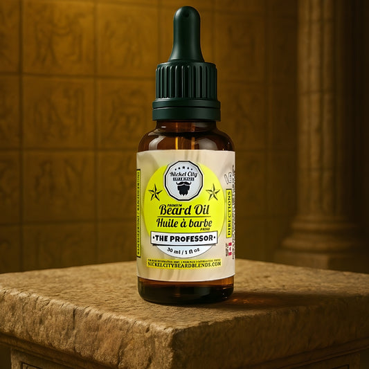 Bottle of beard oil with a dropper on a wooden surface