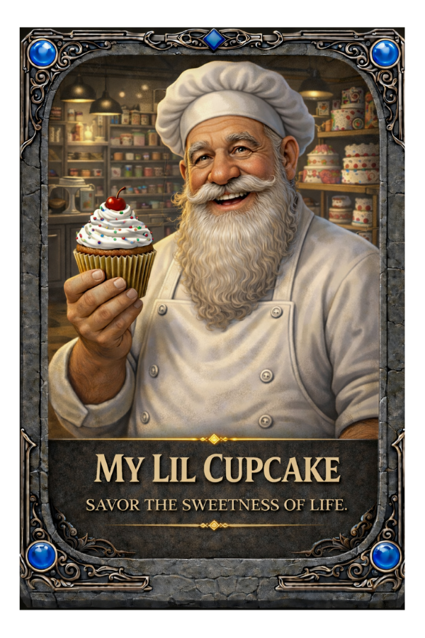 Illustration of a chef holding a cupcake with 'My Lil Cupcake' branding.