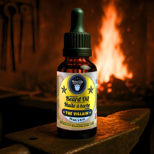 Bottle of beard oil with a label in front of a fireplace