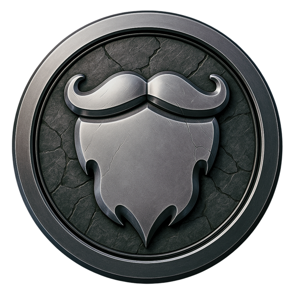 Decorative emblem with a mustache and beard design on a dark stone background