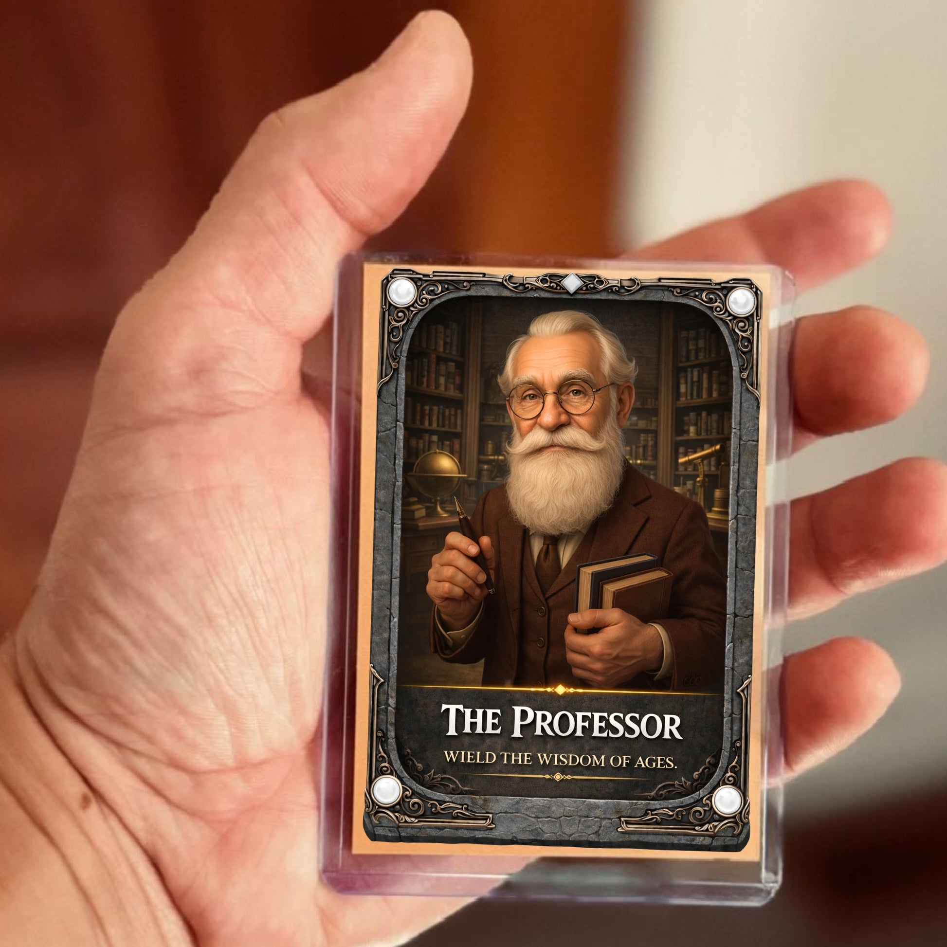 A hand holds a clear protective case containing a decorative card featuring an illustrated elderly professor with glasses, a white beard, and a brown suit. The card reads 'THE PROFESSOR' and 'WELD THE WISDOM OF AKS.