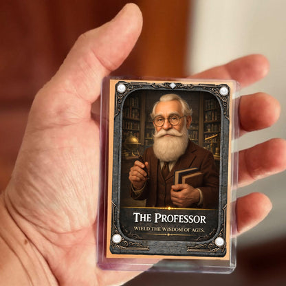 A hand holds a clear protective case containing a decorative card featuring an illustrated elderly professor with glasses, a white beard, and a brown suit. The card reads 'THE PROFESSOR' and 'WELD THE WISDOM OF AKS.