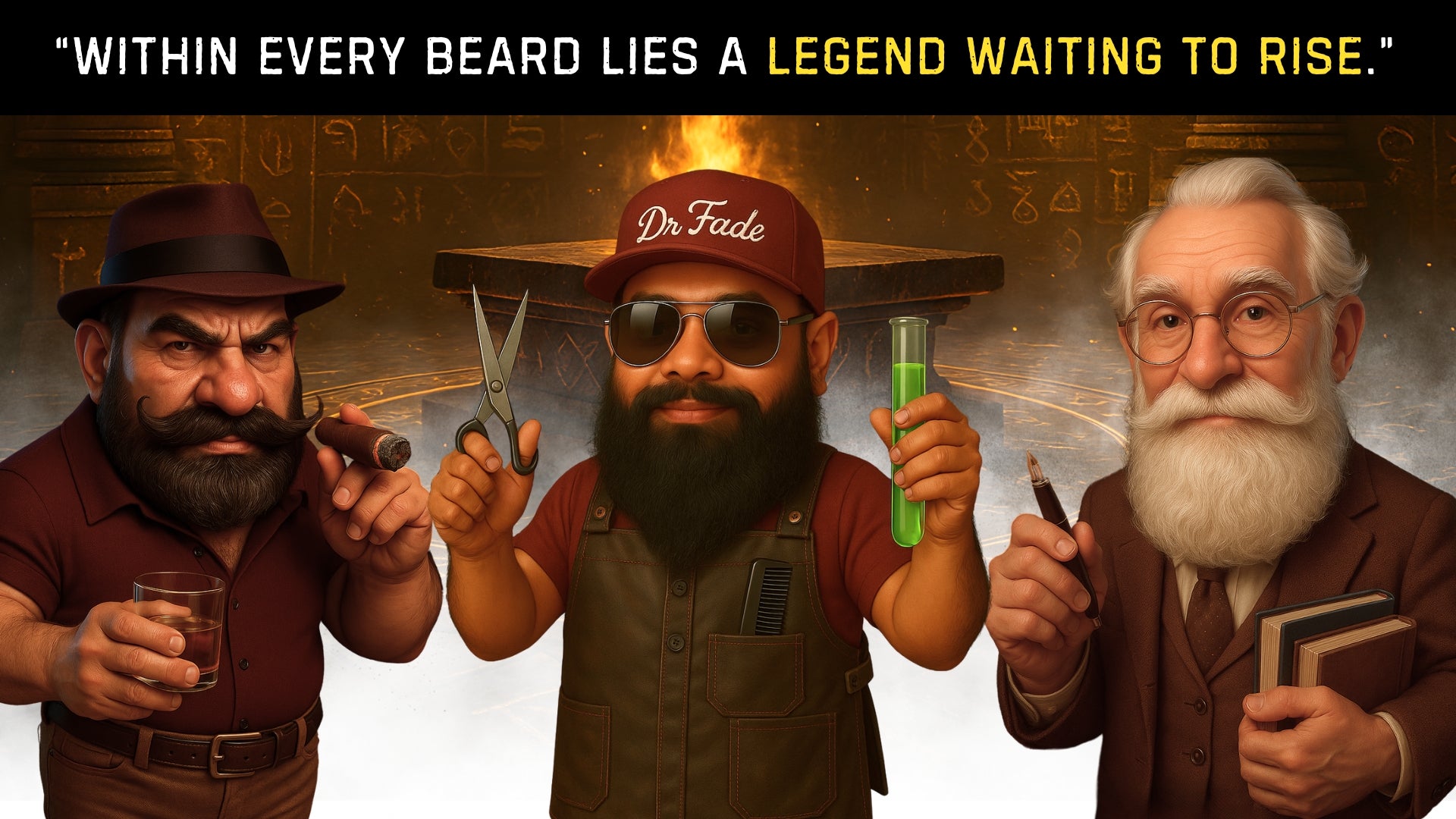 Three men with beards, each holding a different item, with a motivational quote above them.