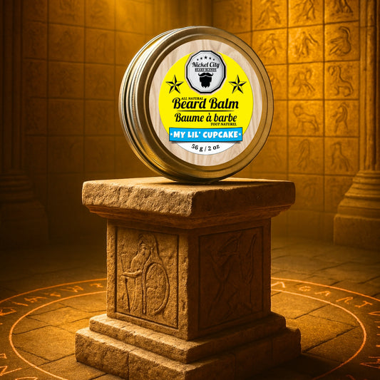 Tin of Nickel City Beard Balm on a stone pedestal with an ornate background