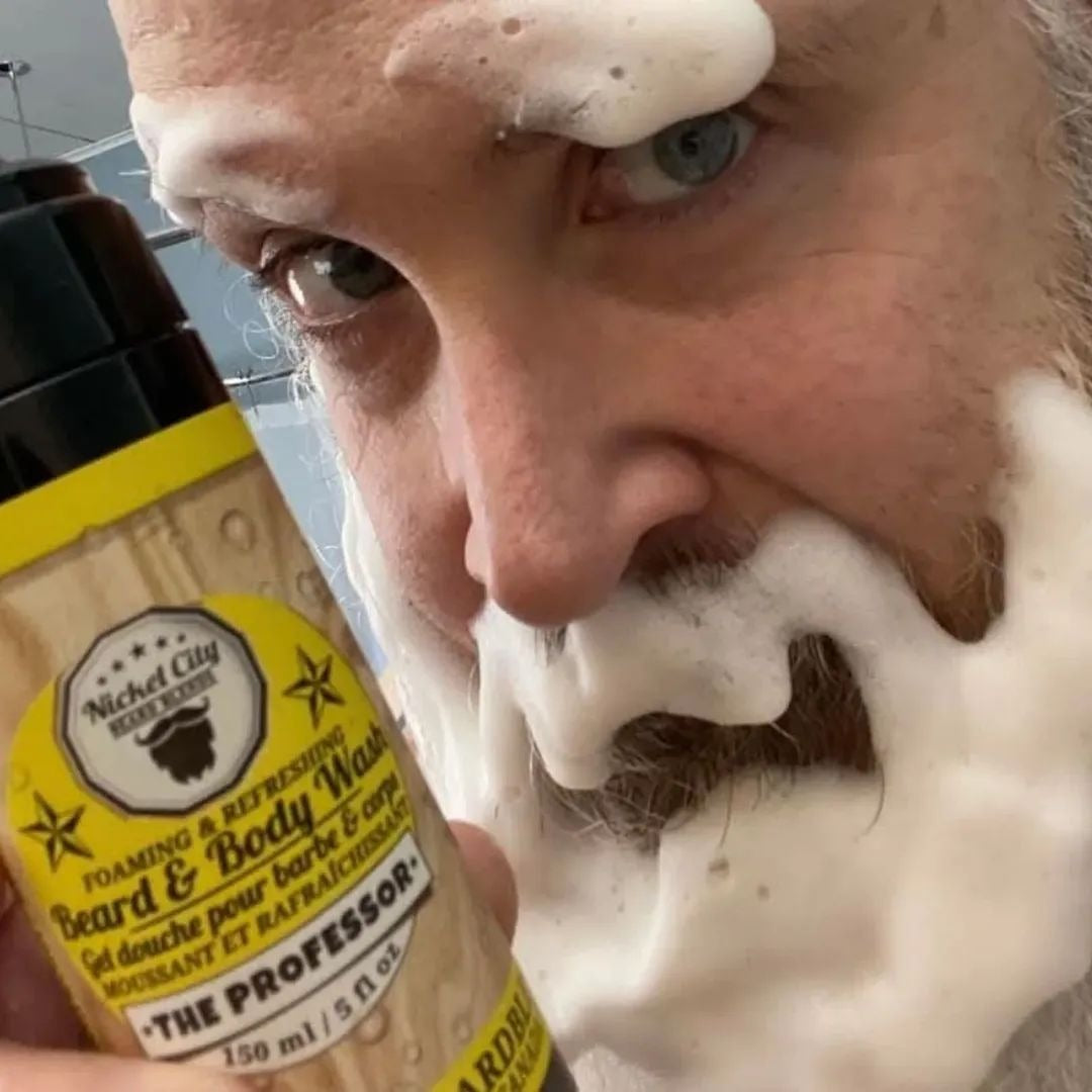 Man lathered up with The Professor beard and body wash