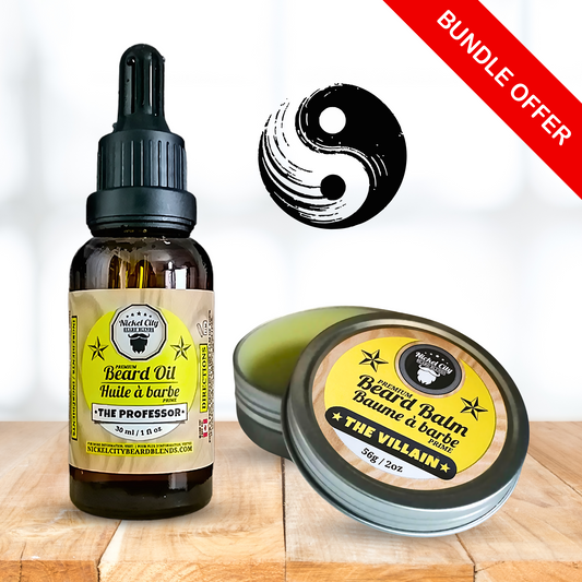Beard oil bottle and balm on a wooden surface with 'Bundle Offer' 