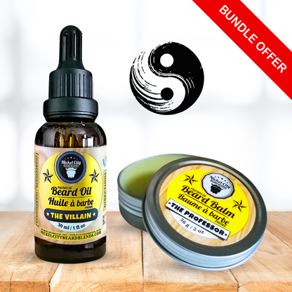 Beard oil bottle and balm on a wooden surface with 'Bundle Offer' 